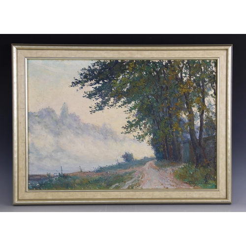 369 - Continental School (19th century),  
Path to a gated wall,  
Oil on canvas,  
Indistinctly signed lo... 