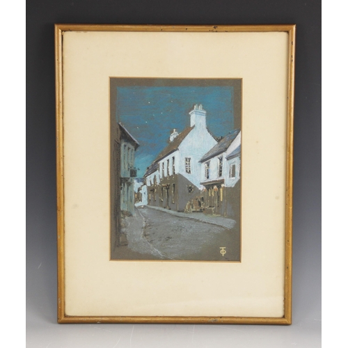 370 - English school (20th century),  
A street scene at twilight,  
Pastel on paper,  
Monogrammed 