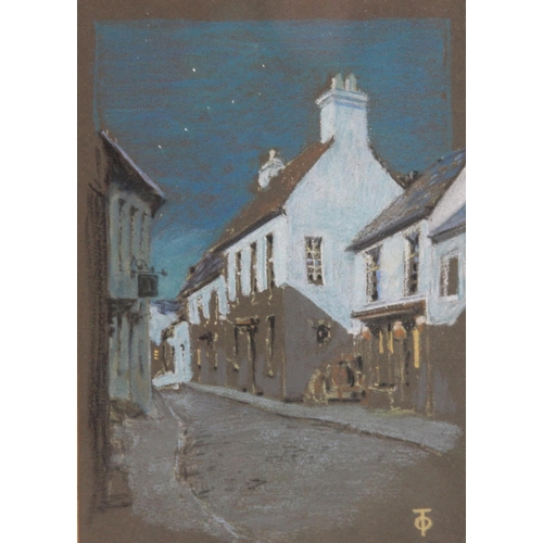 370 - English school (20th century),  
A street scene at twilight,  
Pastel on paper,  
Monogrammed 