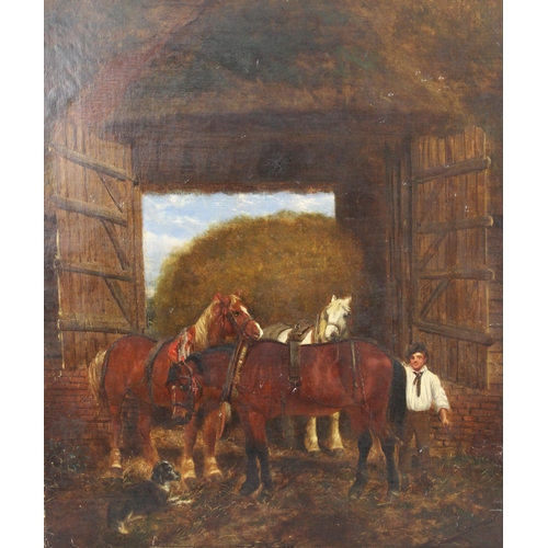 376 - Manner of John Frederick Herring, Snr. (British, 1795-1865), 
Three horses in a stable, 
Oil on canv... 