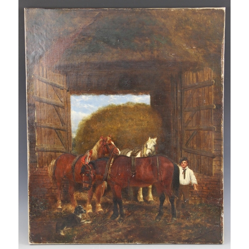 376 - Manner of John Frederick Herring, Snr. (British, 1795-1865), 
Three horses in a stable, 
Oil on canv... 