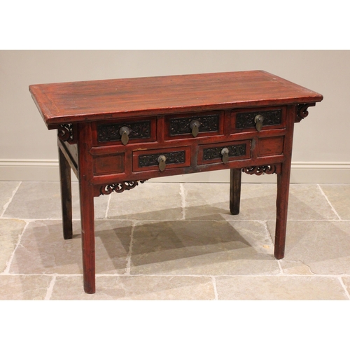 391 - A Chinese stained elm altar table, 20th century, the cleated plank top above an arrangement of five ... 