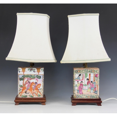 414 - Two Chinese table lamps, early 20th century, each modelled as a flower brick with Canton famille ros... 