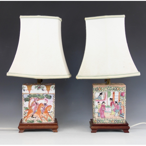 414 - Two Chinese table lamps, early 20th century, each modelled as a flower brick with Canton famille ros... 