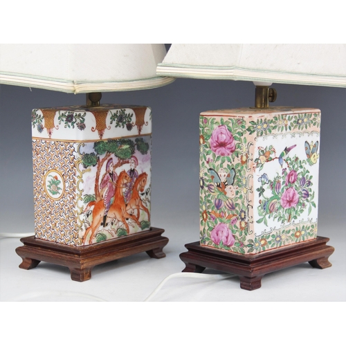 414 - Two Chinese table lamps, early 20th century, each modelled as a flower brick with Canton famille ros... 