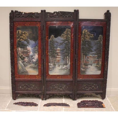 427 - A Japanese carved hardwood and lacquered three panel room screen, early 20th century, each section w... 