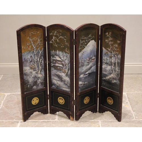 428 - A Japanese lacquered four panel screen, 20th century, each arched panel painted impasto and high rel... 