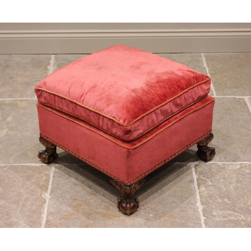 799 - A 19th century style footstool, 20th century, in red velour fabric, with a fixed cushion top, raised... 