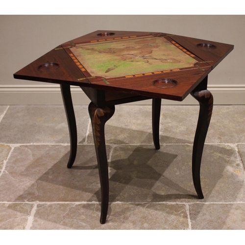 824 - An Edwardian mahogany envelope games table, the folding top inlaid with scrolling foliate detail, ra... 