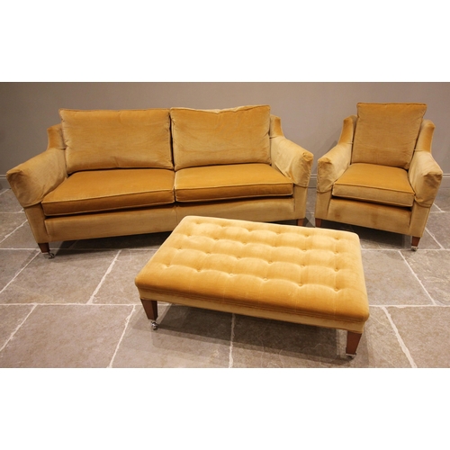 838 - A Duresta 'Trafalgar' three seater sofa, in mustard coloured velour fabric, raised upon front legs o... 