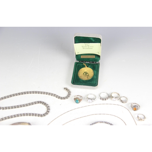 109 - A selection of silver and silver coloured jewellery and accessories, to include a 'True Love' pendan... 