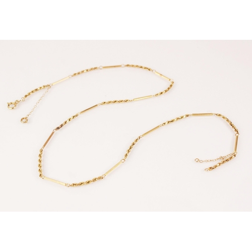 117 - A 9ct gold rope twist chain, interspersed by plain polished bar links, spring ring and loop fastenin... 