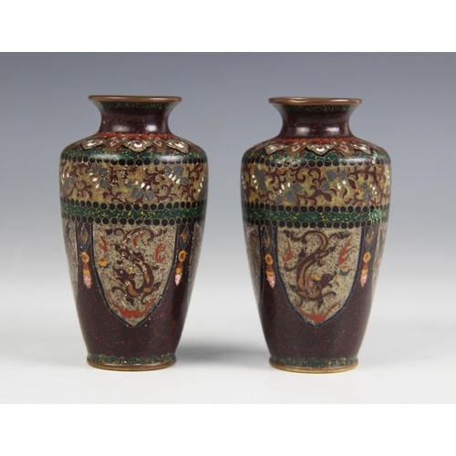 169 - A pair of Chinese cloisonne vases, 19th century, each of tapered cylindrical from and decorated with... 