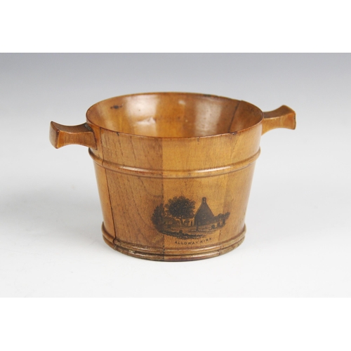 178 - A Mauchline ware treen Quaich, of coopered cylindrical form, with a scene of 'Alloway Kirk' to one s... 