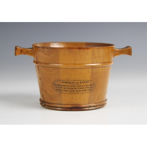 178 - A Mauchline ware treen Quaich, of coopered cylindrical form, with a scene of 'Alloway Kirk' to one s... 