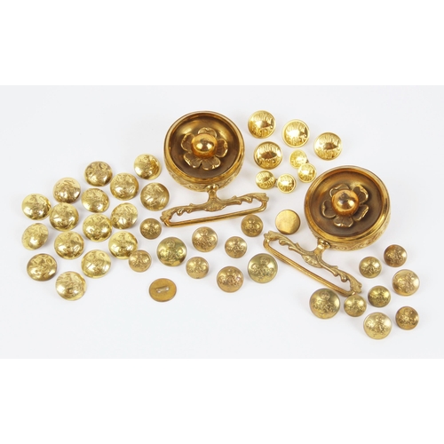 132 - A selection of gold coloured dress buttons, to include four Union Pacific buttons, 22mm diameter, an... 