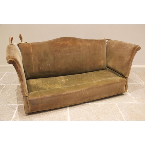 795 - A 19th century Knoll type drop-end settee, in green velour fabric, the arched back rest extending to... 