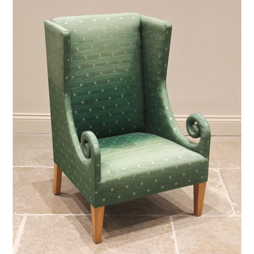 806 - A George III style armchair, by Paul Hitchings Ltd, modern, in green moire fabric, the angular wing ... 