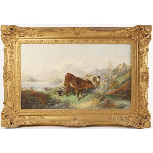 373 - English school (19th century),  
A calf with sheep in a mountainous landscape,  
Oil on canvas,  
Un... 