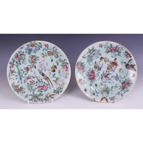 397 - A pair of Chinese Celadon porcelain cabinet plates, 19th century, each decorated in the famille rose... 