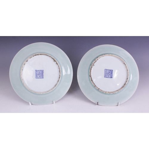 397 - A pair of Chinese Celadon porcelain cabinet plates, 19th century, each decorated in the famille rose... 