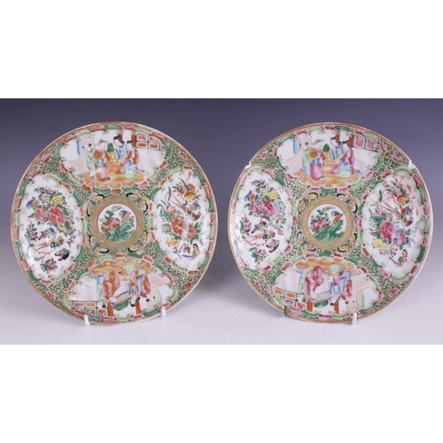 397 - A pair of Chinese Celadon porcelain cabinet plates, 19th century, each decorated in the famille rose... 