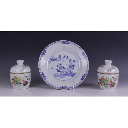 407 - A pair of Chinese porcelain cups and covers, Republic Period, each of cylindrical form and painted w... 