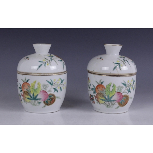 407 - A pair of Chinese porcelain cups and covers, Republic Period, each of cylindrical form and painted w... 