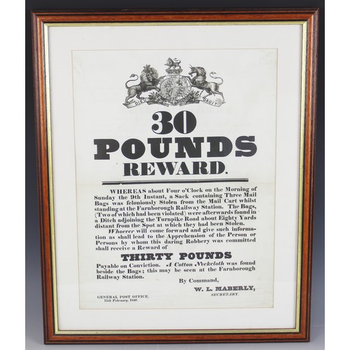 265 - A Victorian General Post Office reward poster dated 1840, offering a £30 reward for information lead... 