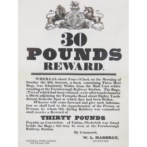 265 - A Victorian General Post Office reward poster dated 1840, offering a £30 reward for information lead... 