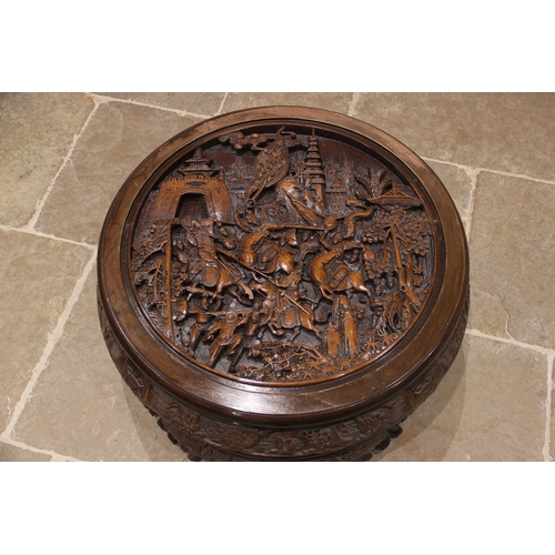 387 - A Chinese relief carved circular occasional table with integral nest of four tables, the table top d... 