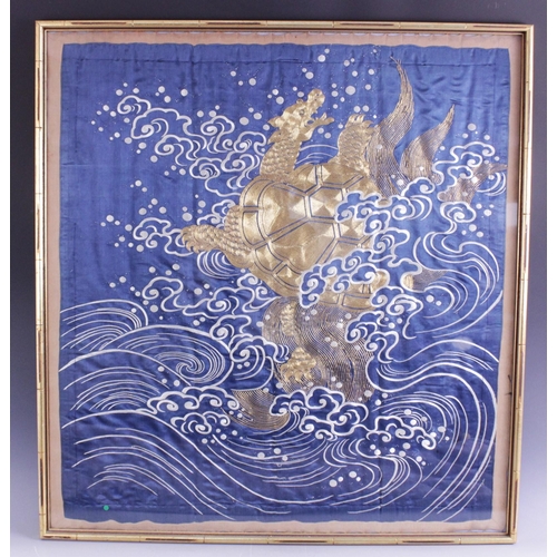 415 - A Japanese silk (Fukusa) embroidered panel (Kakebukusa), Meiji period (1868-1912), the square sectio... 