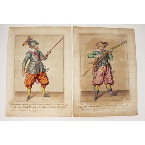 278 - After Jacob de Gheyn II (Dutch, 1565–1629),  
A pikeman and a musketeer,  
Hand coloured prints on l... 