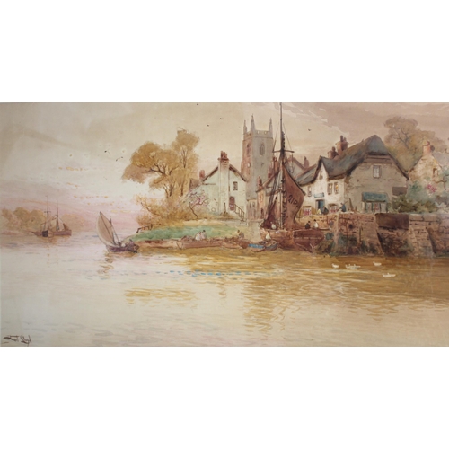 310 - Walter Stuart Lloyd (British, 1845-1929),  
Fishing boats with village beyond,  
Watercolour on pape... 