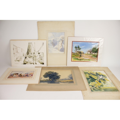 316 - Six unframed watercolours on paper, comprising: Noel Rooke (British, 1872-1953), a snow capped mount... 