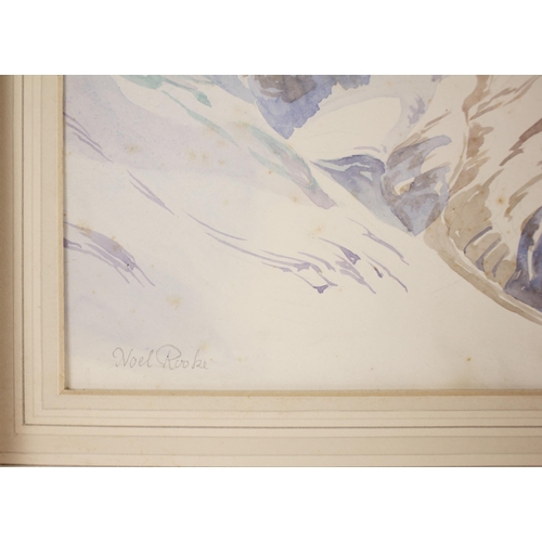 316 - Six unframed watercolours on paper, comprising: Noel Rooke (British, 1872-1953), a snow capped mount... 