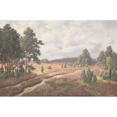 360 - Gustav Schmidt (German, 20th century),  
An extensive heather-filled landscape,  
Oil on canvas,  
S... 