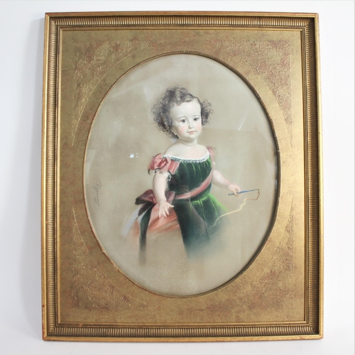 383 - English School (mid 19th Century),  
Portrait of a young girl in a green dress,  
Pastel on paper,  ... 