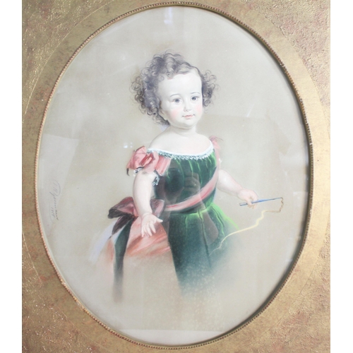 383 - English School (mid 19th Century),  
Portrait of a young girl in a green dress,  
Pastel on paper,  ... 