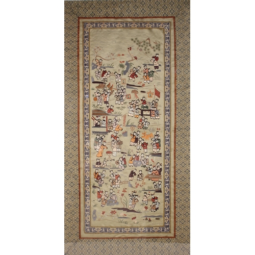 394 - Chinese School (early 20th century), 
Silk embroidered panel, 
Decorated in the 'One Hundred Boys' p... 