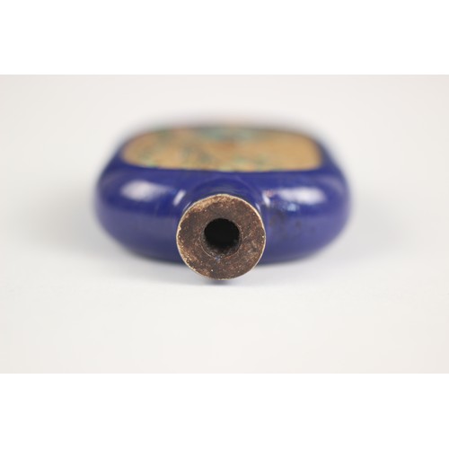 421 - A Chinese blue-ground Yixing stoneware snuff bottle, 19th century, decorated with two reserves depic... 