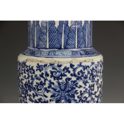 412 - A large Chinese porcelain blue and white Gu vase, 18th/19th century, decorated with formal scrolling... 