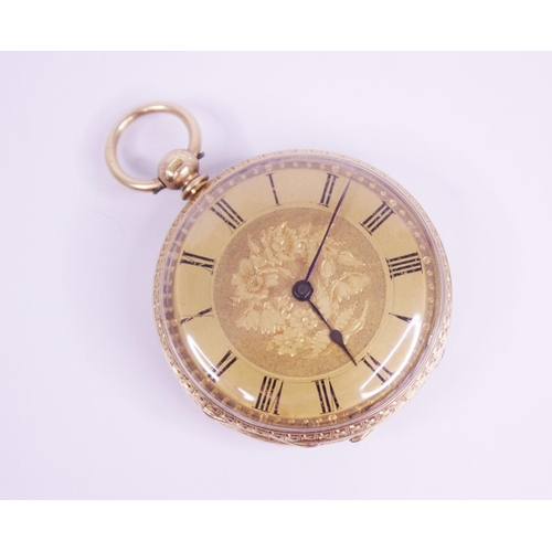 121 - A 19th century lady's 18ct gold fob watch, the gold toned circular dial with Roman numerals and flor... 