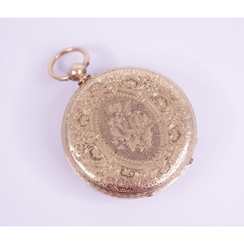 121 - A 19th century lady's 18ct gold fob watch, the gold toned circular dial with Roman numerals and flor... 