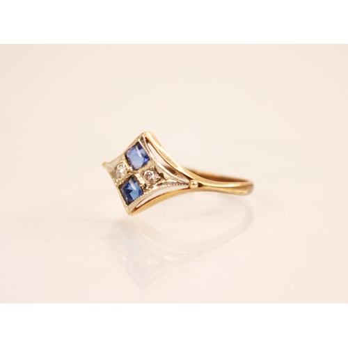 157 - A continental 14ct gold diamond and blue gemstone set ring, the white metal diamond shaped head set ... 