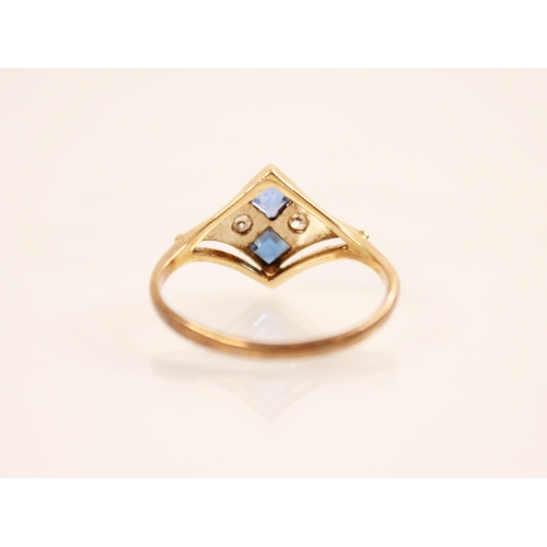 157 - A continental 14ct gold diamond and blue gemstone set ring, the white metal diamond shaped head set ... 