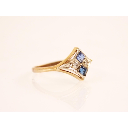 157 - A continental 14ct gold diamond and blue gemstone set ring, the white metal diamond shaped head set ... 