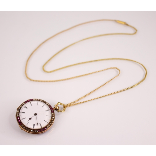 158 - An early 20th century French diamond and ruby fob watch by Rossel & Fils, the circular white dial wi... 