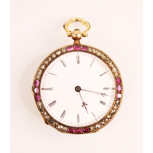 158 - An early 20th century French diamond and ruby fob watch by Rossel & Fils, the circular white dial wi... 