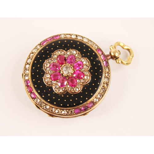 158 - An early 20th century French diamond and ruby fob watch by Rossel & Fils, the circular white dial wi... 